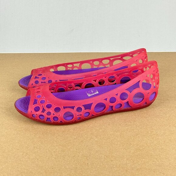 Crocs Adrina Jelly Ballet Flats Junior Girls 6 Pink Purple Circles Slip On Open - Picture 1 of 10